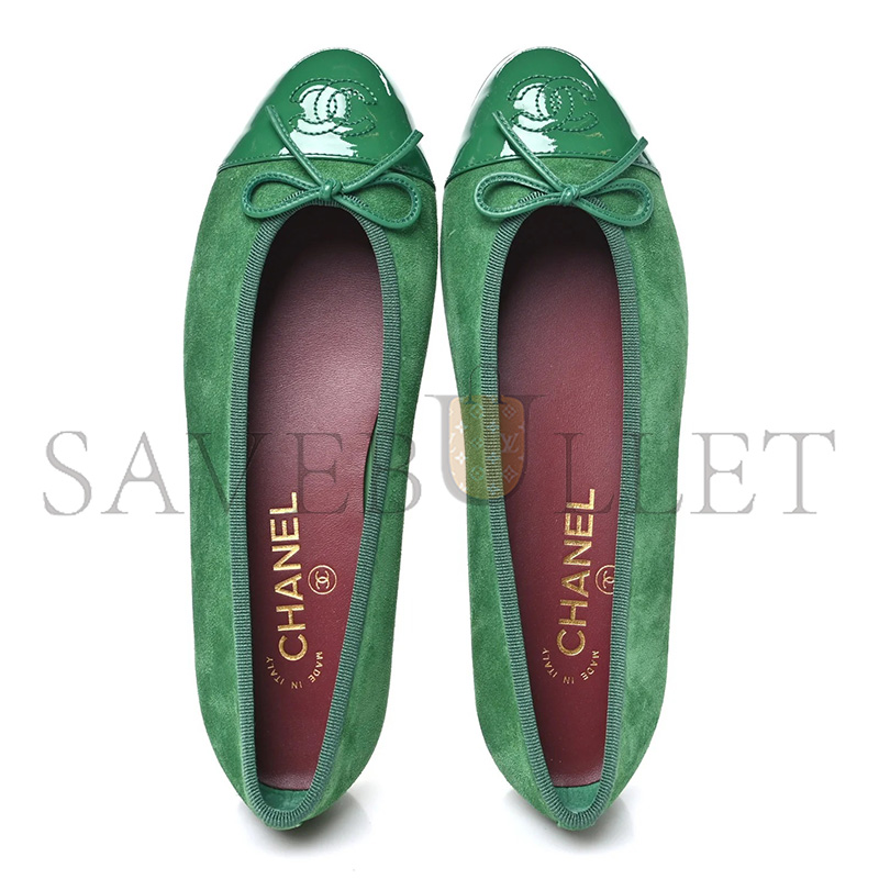 CHANEL SUEDE PATENT CAP TOE CC BALLERINA FLATS GREEN